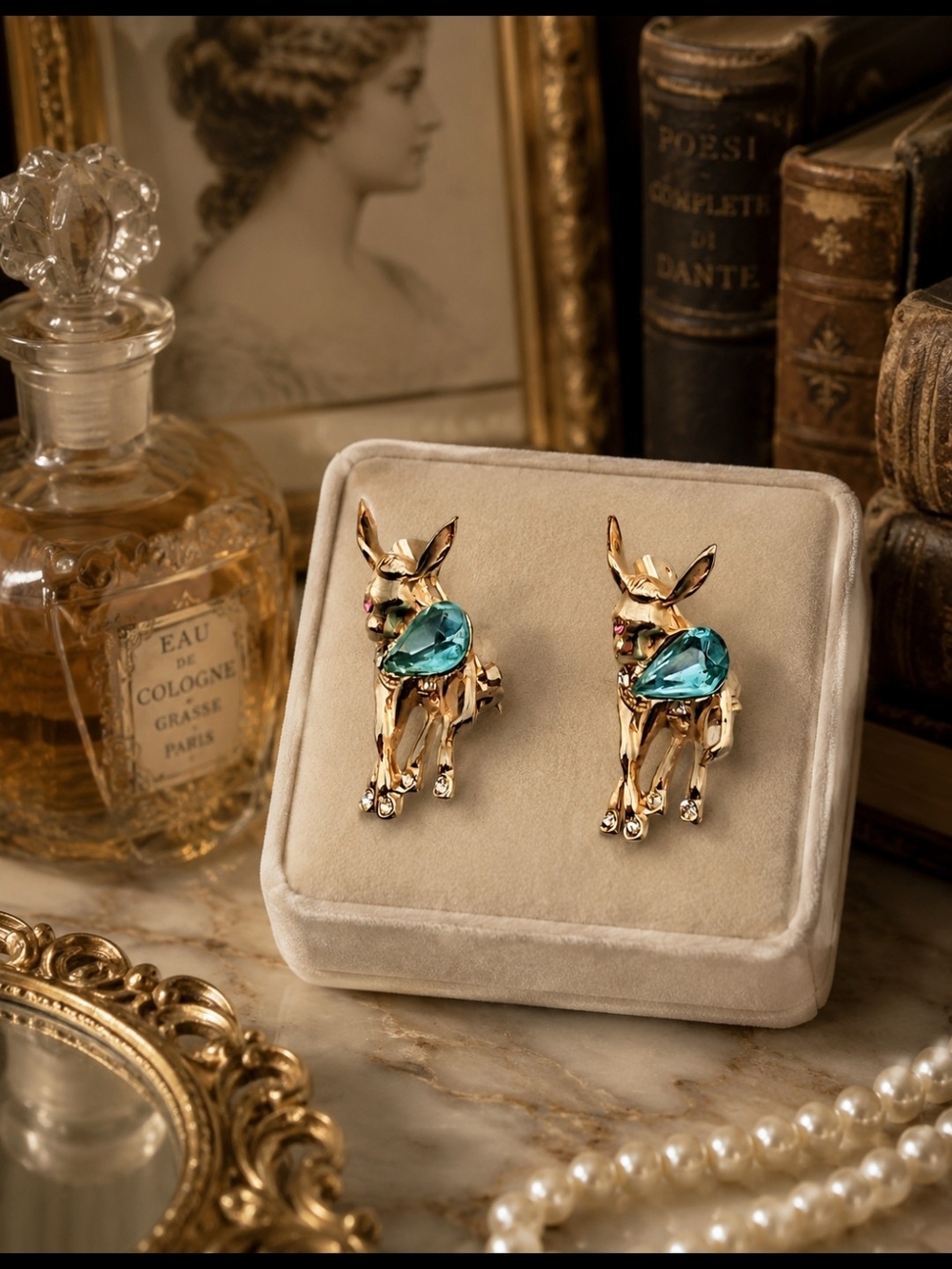Vintage Gold Tone Deer Fawn Brooch Pair Aqua Rhinestone Body Red Eyes Figural 2
